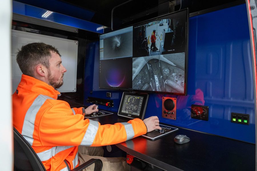 A Jet Aire engineer reviewing survey footage